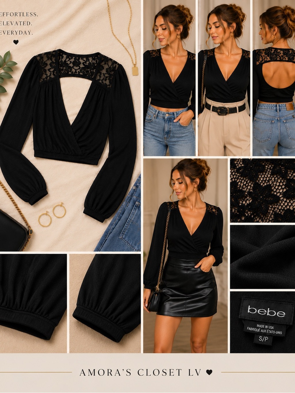 bebe Black Lace-Trim Wrap Crop Top